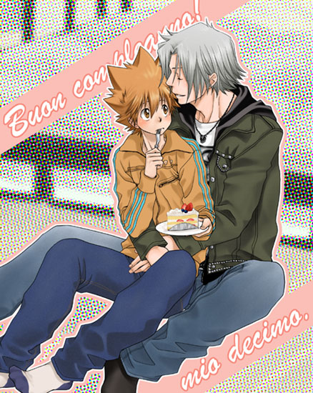 blush, brown_eyes, brown_hair, cake, food, male, reborn, short_hair
