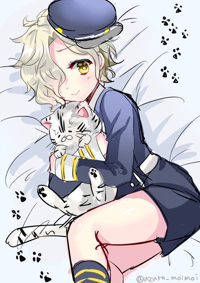 1boy, black_legwear, gokotai, gokotai's_tigers, hair_over_one_eye, hat, kneehighs, lying