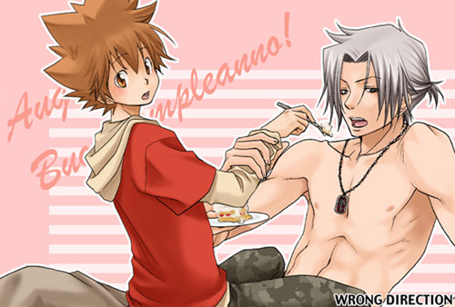 brown_hair, cake, chopsticks, food, male, reborn, shirtless, silver_hair