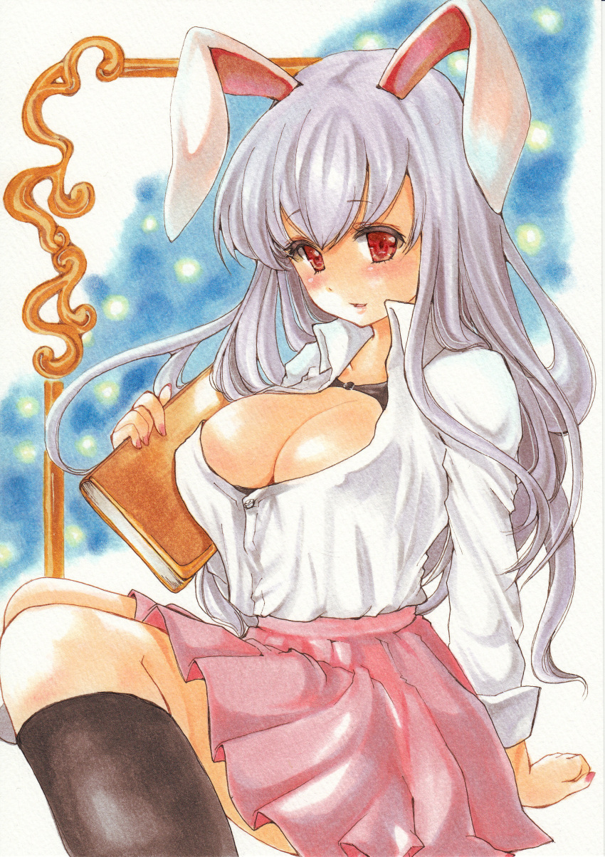 1girl, absurdres, animal_ears, black_legwear, blush, book, breasts, cleavage
