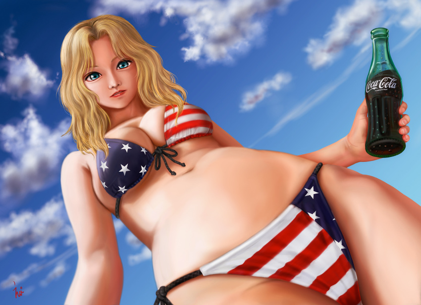 1girl, american_flag_bikini, bikini, blonde_hair, blue_eyes, breasts, clouds, coca-cola