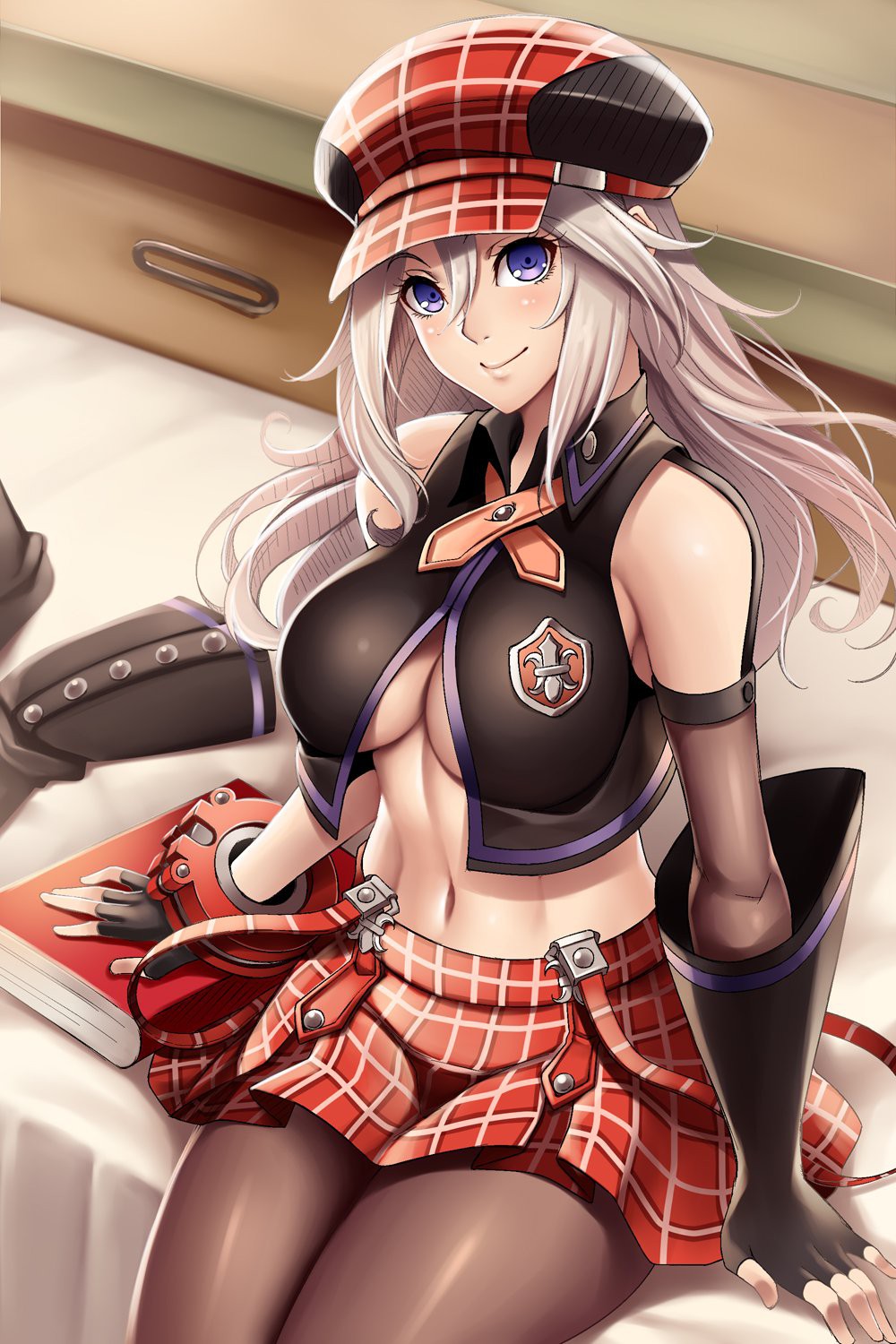 1girl, alisa_ilinichina_amiella, bare_shoulders, blonde_hair, blue_eyes, blush, boots, breasts, elbow_gloves, fingerless_gloves, gloves, god_eater, god_eater:_resurrection, hat, highres, izayoi_kaname, large_breasts, long_hair, looking_at_viewer, navel, silver_hair, skirt, smile, solo, suspenders, thigh-highs, thigh_boots, under_boob