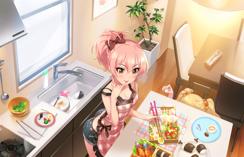 2girls, apron, ass, bare_shoulders, blonde_hair, blush, breasts, chopsticks