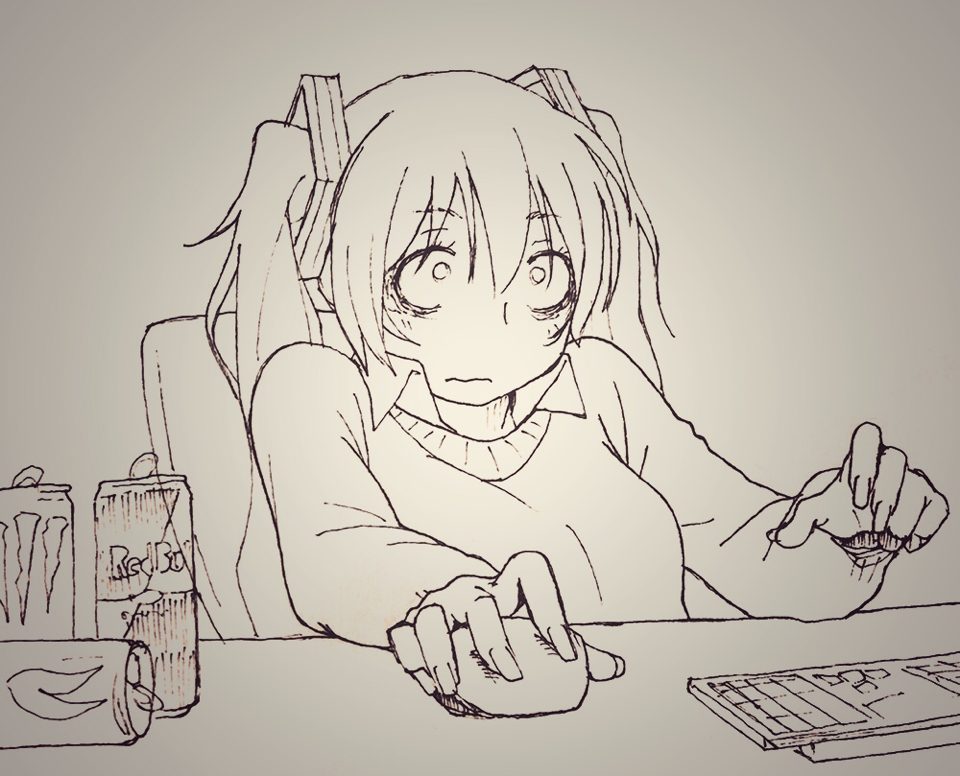 1girl, bags_under_eyes, chair, collared_shirt, computer_keyboard, computer_mouse, energy_drink, eyebrows