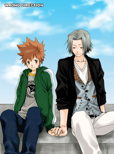 blush, brown_hair, male, reborn, short_hair, silver_hair, sky, wrong_direction