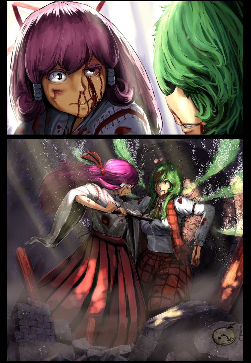 2girls, absurdres, blood, bow, fighting, green_hair, hair_bow, hakurei_reimu
