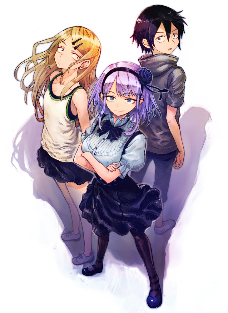 1boy, 2girls, arms_behind_back, bare_shoulders, black_hair, black_legwear, blonde_hair, boyaking