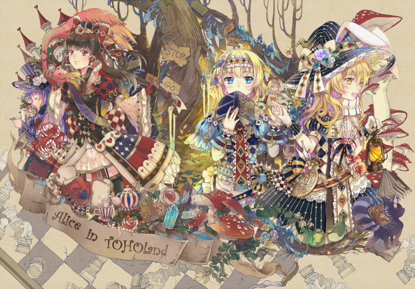 4girls, :d, alice_(wonderland), alice_(wonderland)_(cosplay), alice_in_wonderland, alice_margatroid, alternate_costume, animal