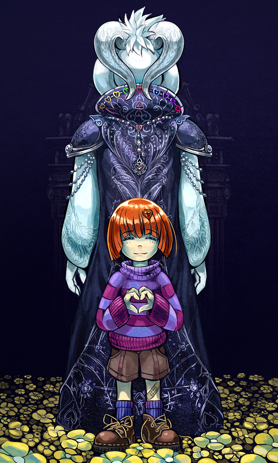 1boy, androgynous, asriel_dreemurr, back-to-back, bandaid, brown_hair, closed_eyes, embellished_costume