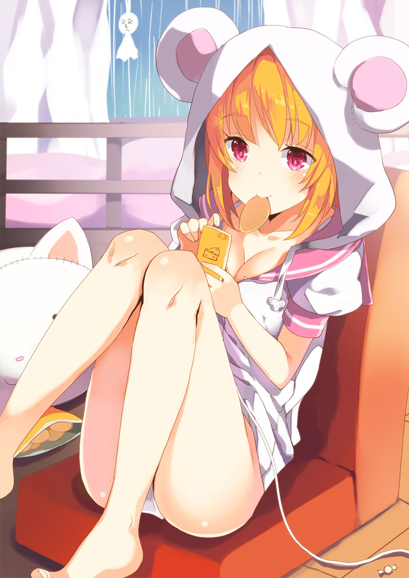 1girl, animal_ears, animal_hood, bangs, barefoot, blonde_hair, blush, breasts