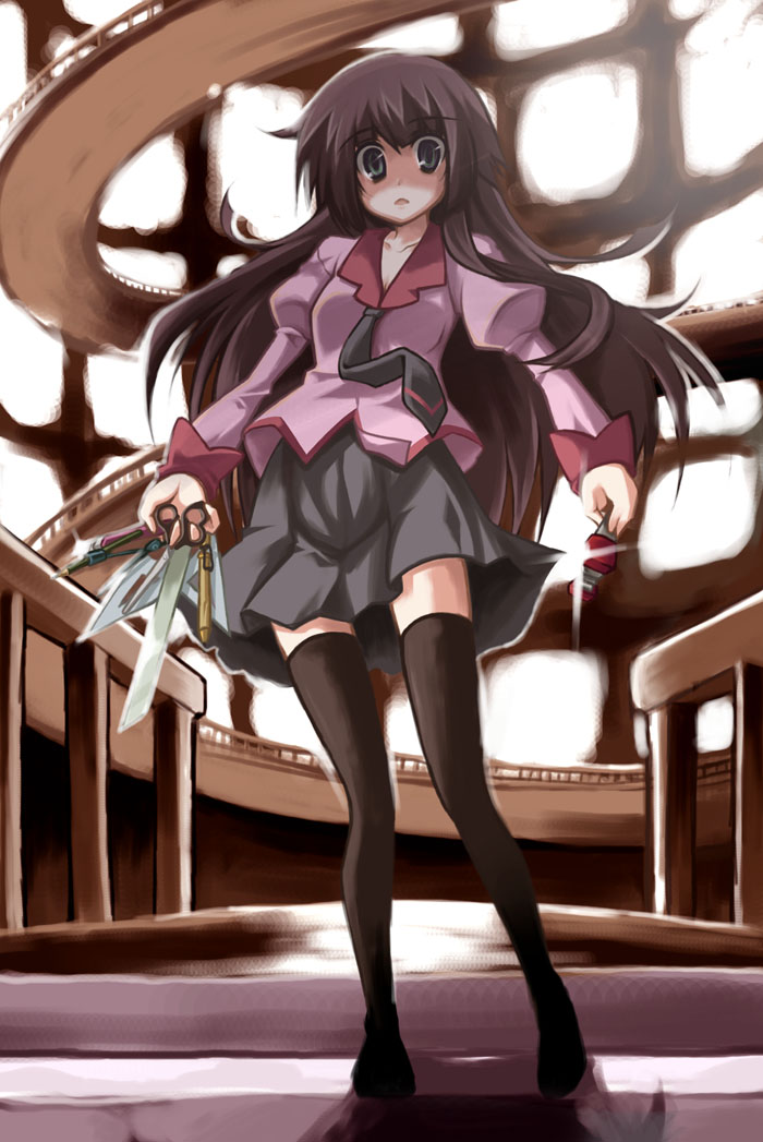 green_eyes, legs, long_hair, monogatari_(series), necktie, purple_hair, school_uniform, senjougahara_hitagi