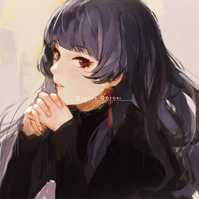 1girl, bangs, black_hair, blunt_bangs, blush, character_name, copyright_name, earrings