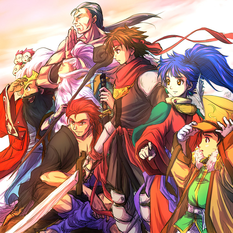 1boy, 1girl, arc_(arc_the_lad), arc_the_lad, bandana, brown_hair, chongora, gogen