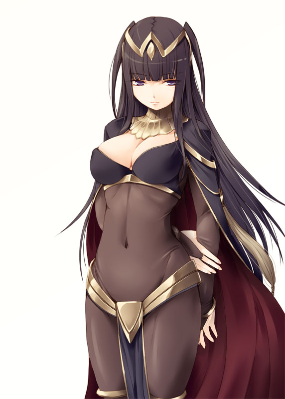 1girl, black_hair, bodysuit, bracelet, breasts, bridal_gauntlets, cape, cleavage