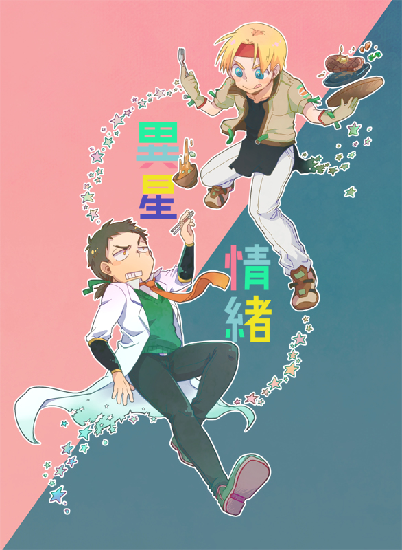 2boys, bandana, blonde_hair, bowman_jean, brown_hair, claude_kenni, iide_shou, labcoat
