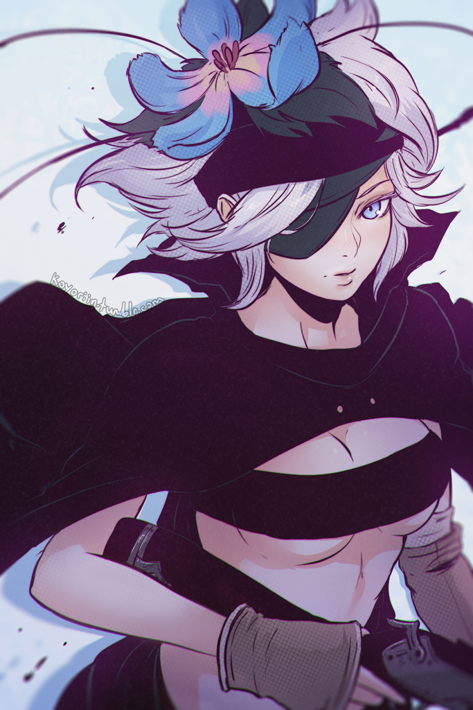 1girl, blue_eyes, cape, clockwork-cadaver, eyepatch, flamie_speeddraw, flower, hair_flower