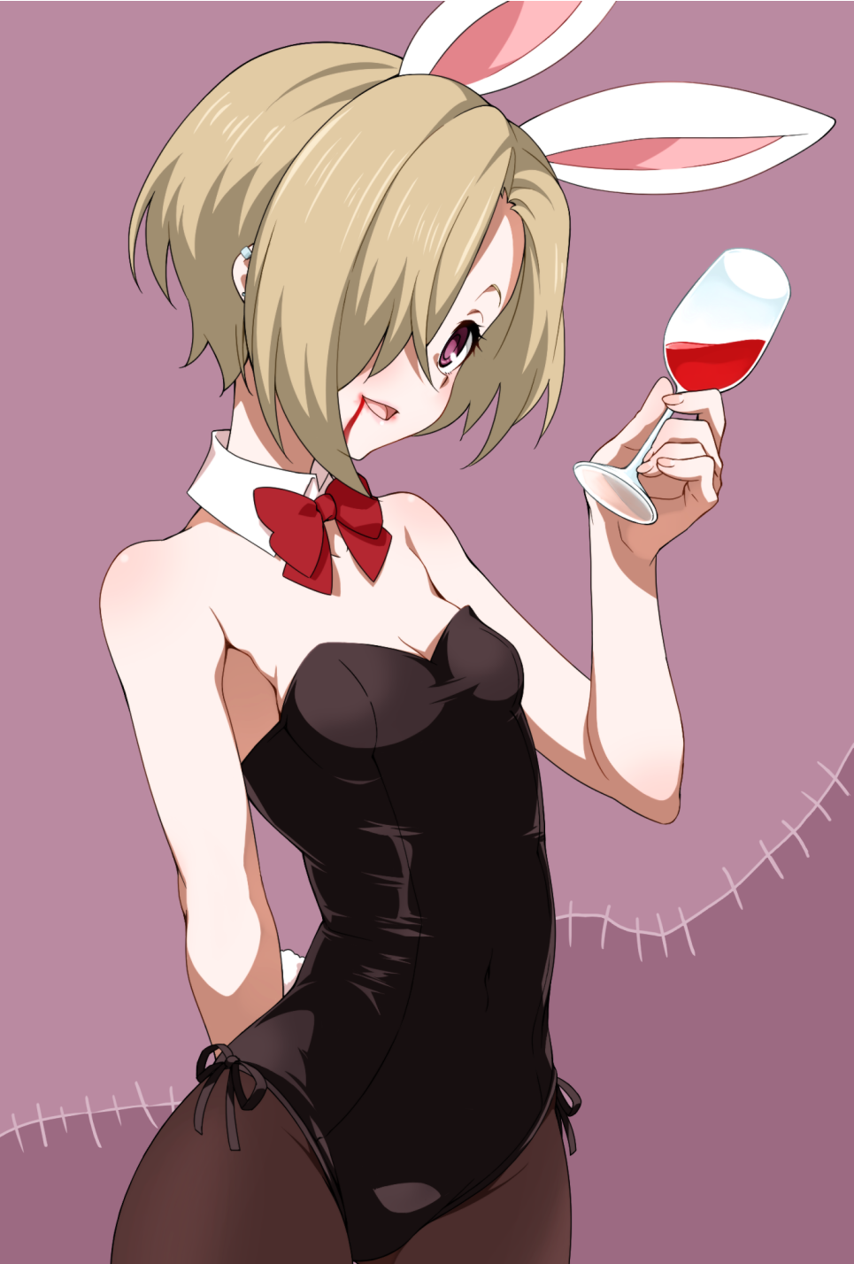 1girl, alcohol, animal_ears, bare_shoulders, blonde_hair, bunnysuit, collar, commentary_request
