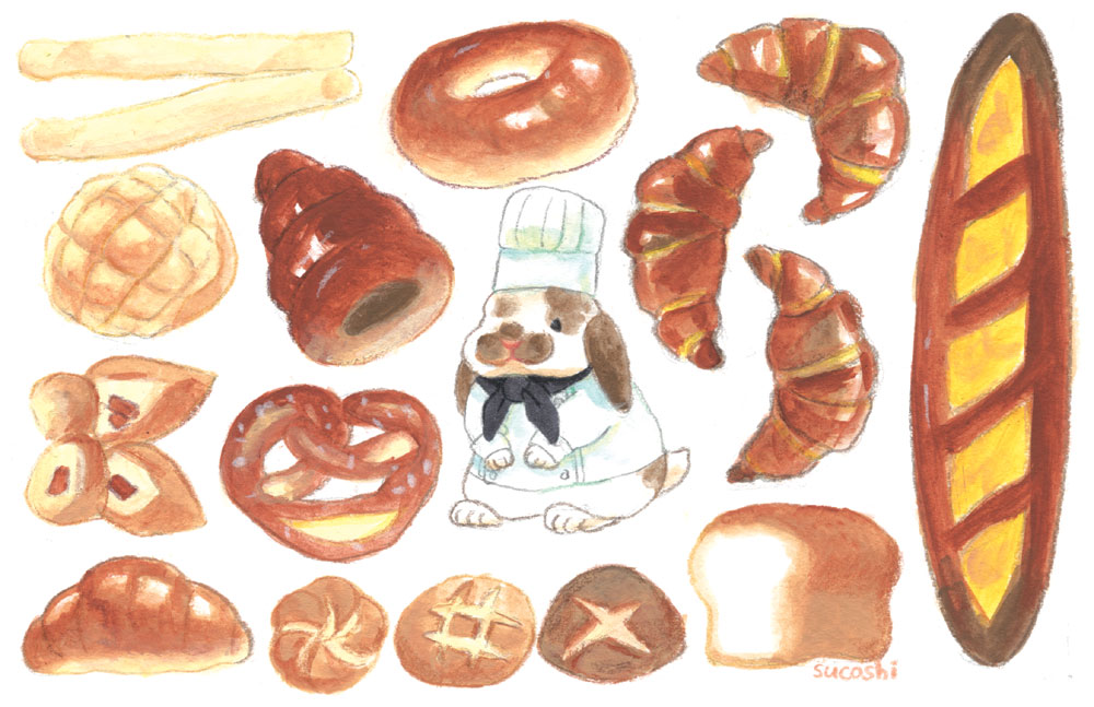 artist_name, bagel, baguette, bread, chef_hat, chef_uniform, chocolate_cornet, croissant