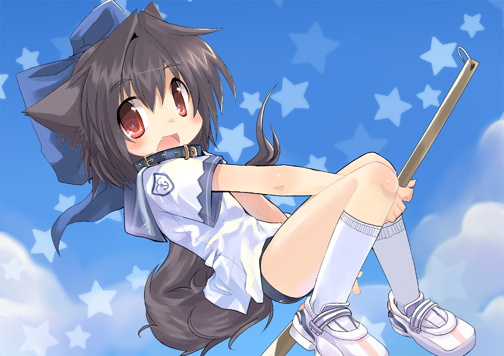 1girl, black_hair, blue_collar, bow, broom, broom_riding, buruma, child