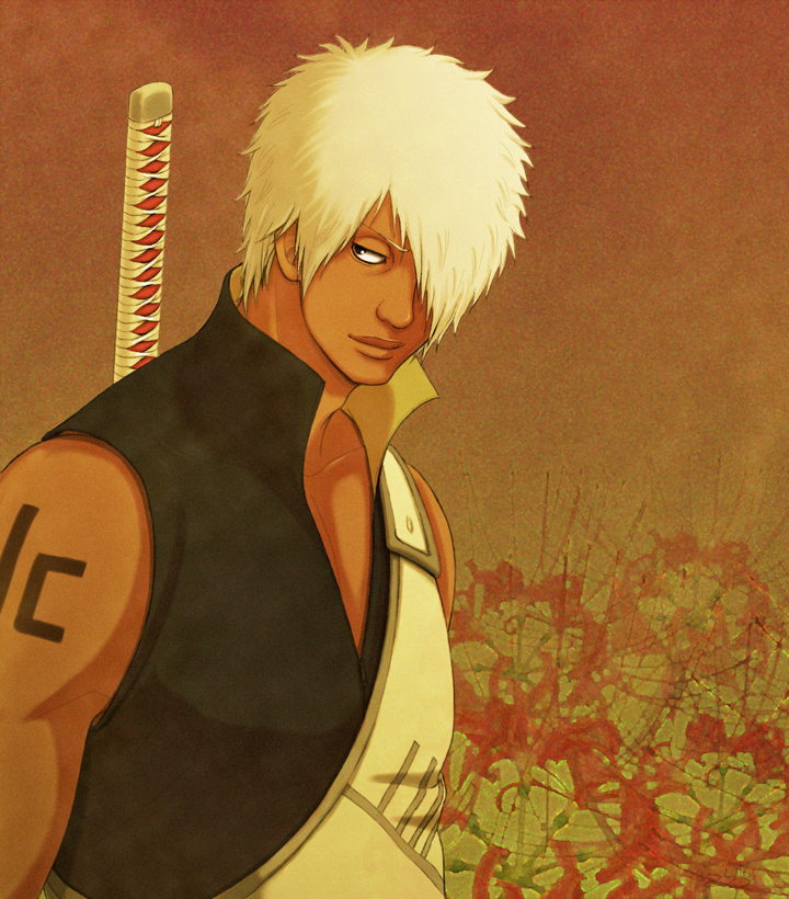 1boy, dark_skin, darui, hair_over_one_eye, katana, naruto, naruto_shippuuden, nigella.a, solo, sword, tattoo, weapon, white_hair