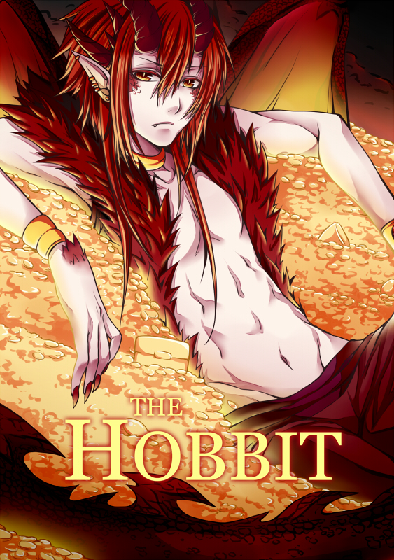 1boy, abs, earrings, gold, horns, jewelry, money, nail_polish, personification, pointy_ears, redhead, scales, shirtless, smaug, solo, takoyaki_kenken, the_hobbit, wings, yellow_eyes