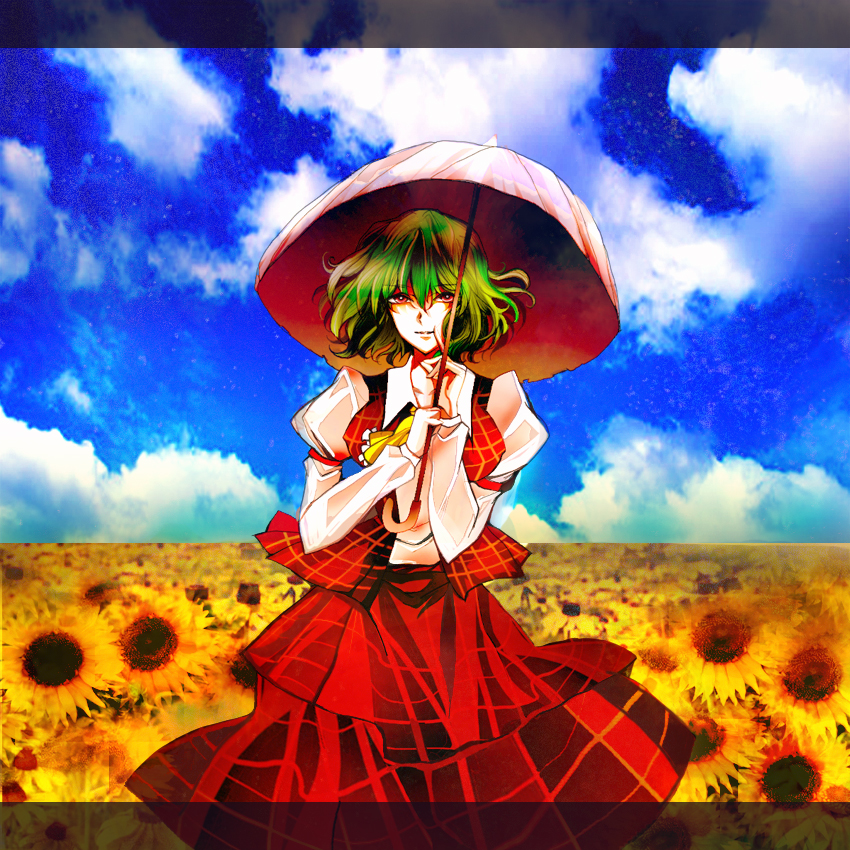 bad_id, cloud, flower, flower_field, green_hair, io_(ginno_tsuioku), kazami_yuuka, long_skirt, nature, plaid, plaid_skirt, plaid_vest, red_eyes, short_hair, skirt, skirt_set, sky, smile, solo, sunflower, touhou, umbrella