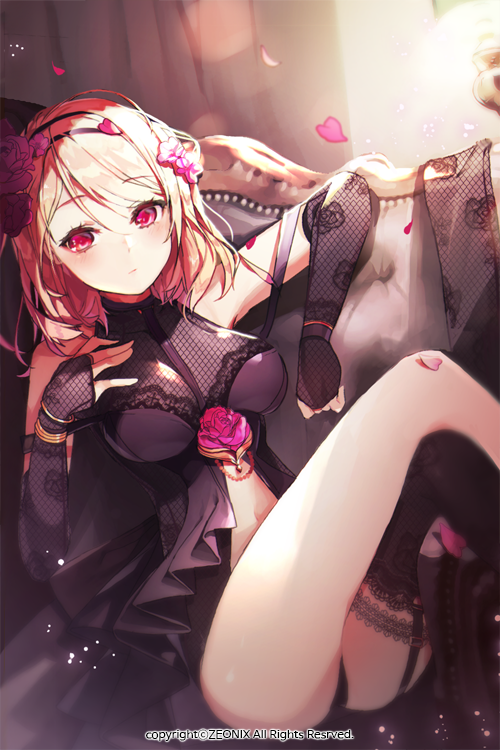 1girl, blonde_hair, blush, copyright_request, detached_sleeves, flower, gio_(maroon0924), leg_up
