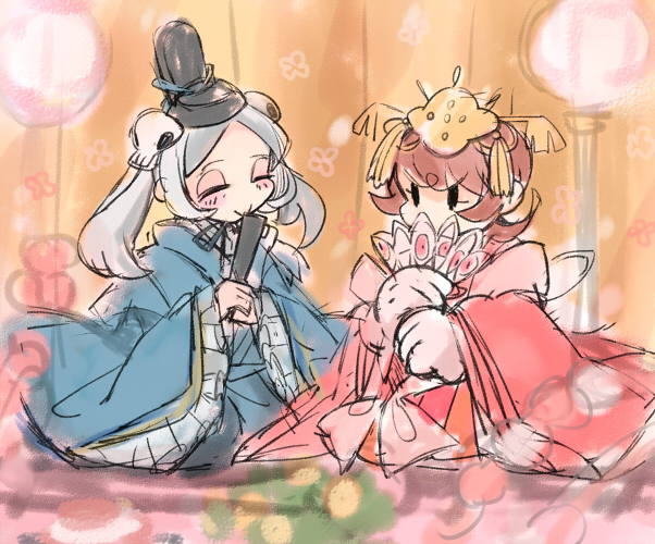 2girls, bloody_marie_(skullgirls), blush, brown_hair, closed_eyes, commentary_request, extra_eyes, fan