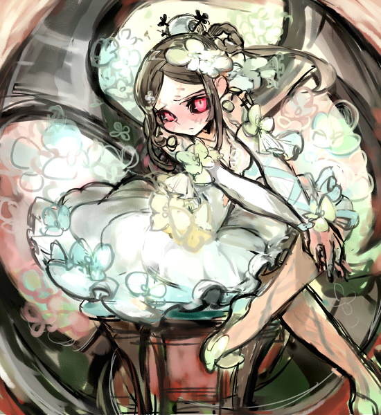 1girl, alternate_costume, black_sclera, blade, bow, brown_hair, carol_(skullgirls), chair, commentary_request, crossed_legs, dress, frilled_dress, frills, glowing, glowing_eyes, hair_ornament, hair_stick, hands_on_own_knees, huge_weapon, looking_at_viewer, nail, notoro, painwheel_(skullgirls), red_eyes, ribbon, scar, sitting, skullgirls, solo, stitches, veins, weapon, white_dress