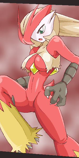 blaziken_(cosplay), breasts, claws, cleavage, cosplay, gardevoir, green_eyes, jump