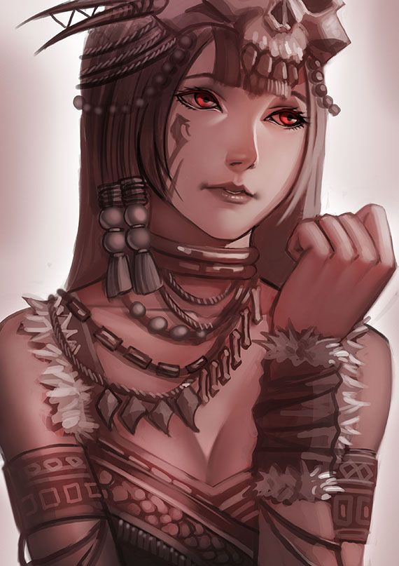1girl, armband, bone, breasts, choker, cleavage, collarbone, eyelashes