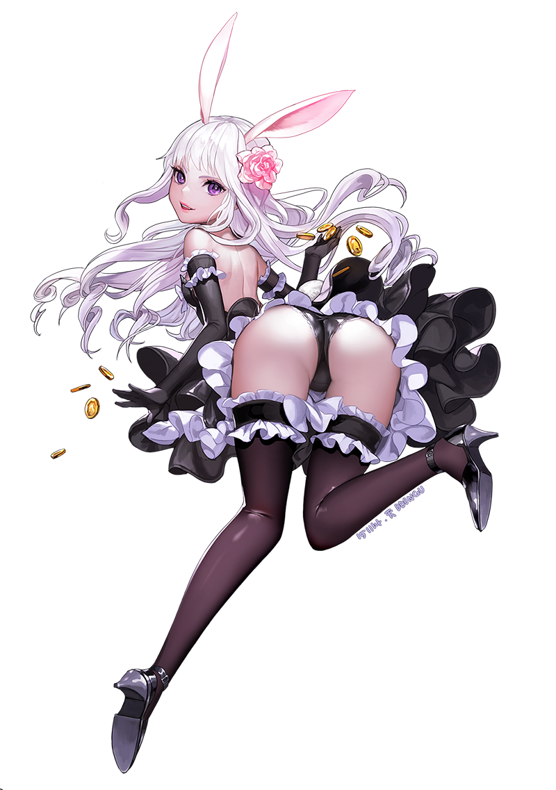 1girl, animal_ears, arm_garter, artist_name, ass, bangs, bare_back, bare_shoulders
