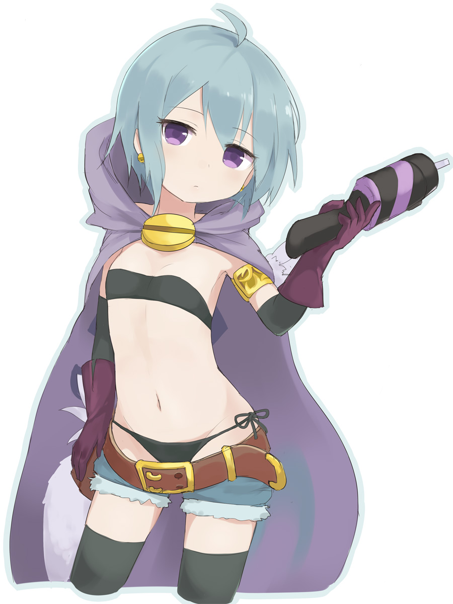 1girl, ahoge, belt, blush, cape, flathead_screwdriver_(ole_tower), gloves, highres, hood, impact_driver_minus_(ole_tower), koeda_(koeda1kg), navel, ole_tower, panties, short_hair, short_shorts, shorts, silver_hair, solo, underwear, violet_eyes