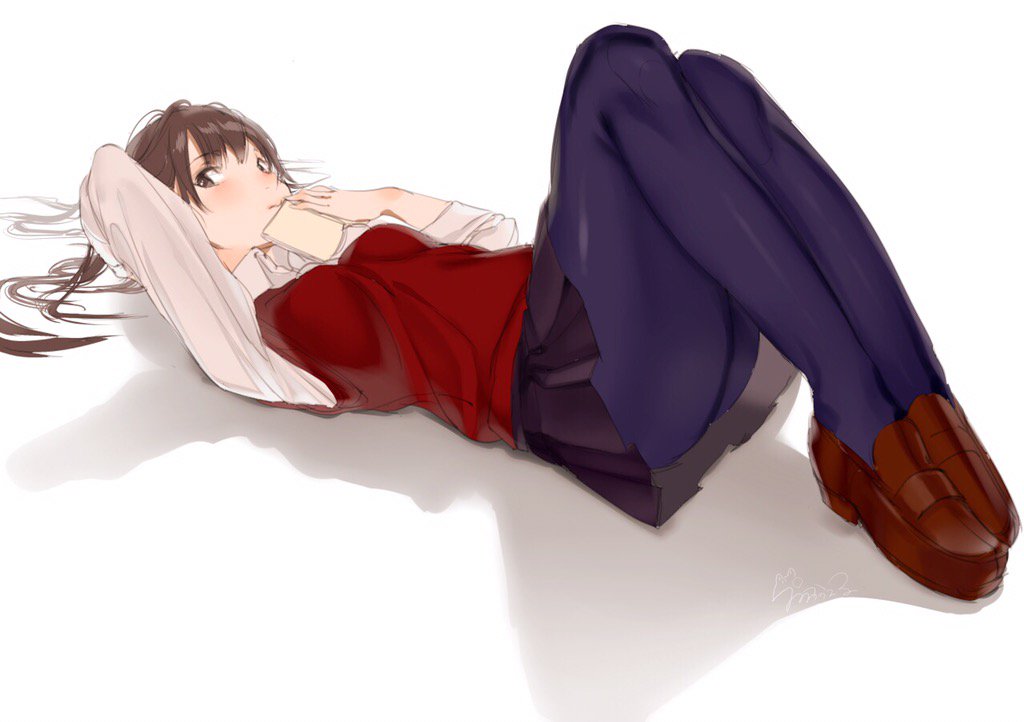 1girl, book, brown_eyes, brown_hair, hand_on_own_face, looking_at_viewer, lying, on_back