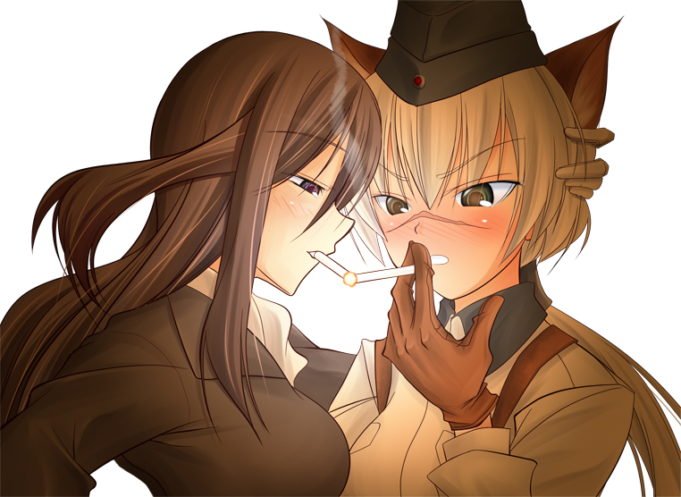 animal_ears, blush, cat_ears, cigarette, cigarette_kiss, elizabeth_f_beurling, garrison_cap, gloves