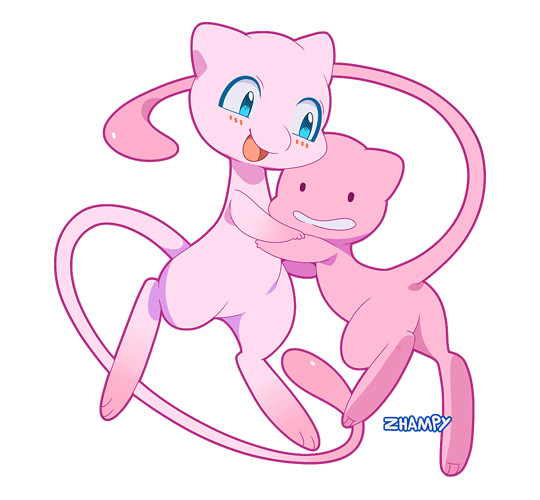 artist_name, blue_eyes, blush, ditto, mew, no_humans, pokemon, pokemon_(creature), smile, transformed_ditto, white_background, zhampy
