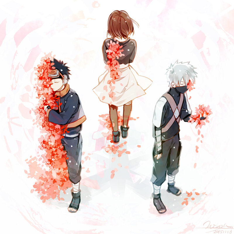 1girl, 2boys, black_hair, brown_hair, goggles, goggles_on_head, hatake_kakashi, mask