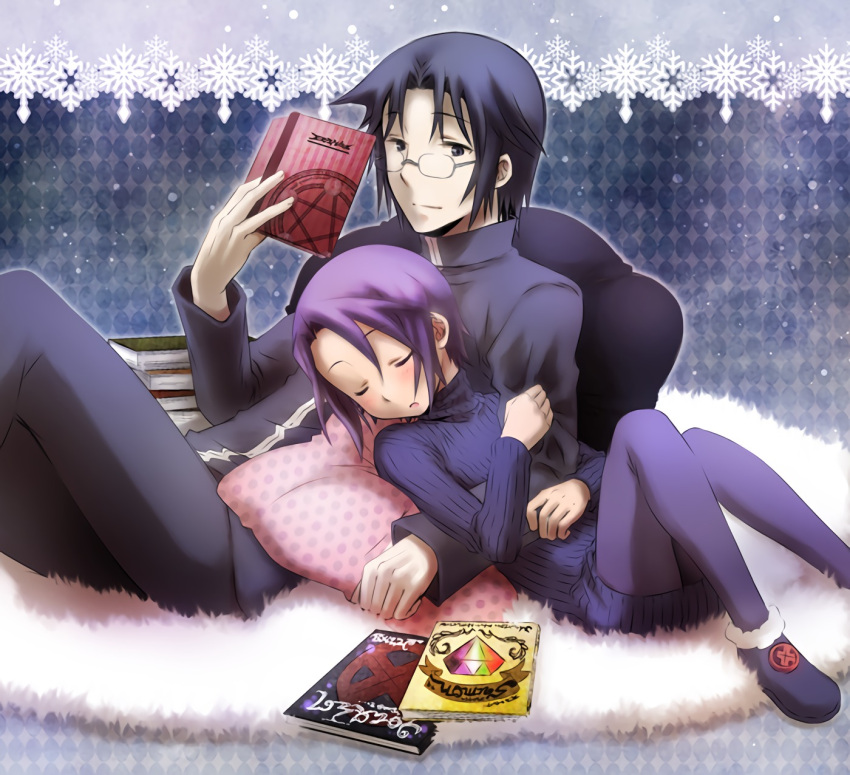 1boy, 1girl, book, closed_eyes, couple, glasses, hetero, highres, nesty, pantyhose, pillow, purple_hair, short_hair, sleeping, sleeping_on_person, summon_night, summon_night_2, takano_(yotakanoyume), toris