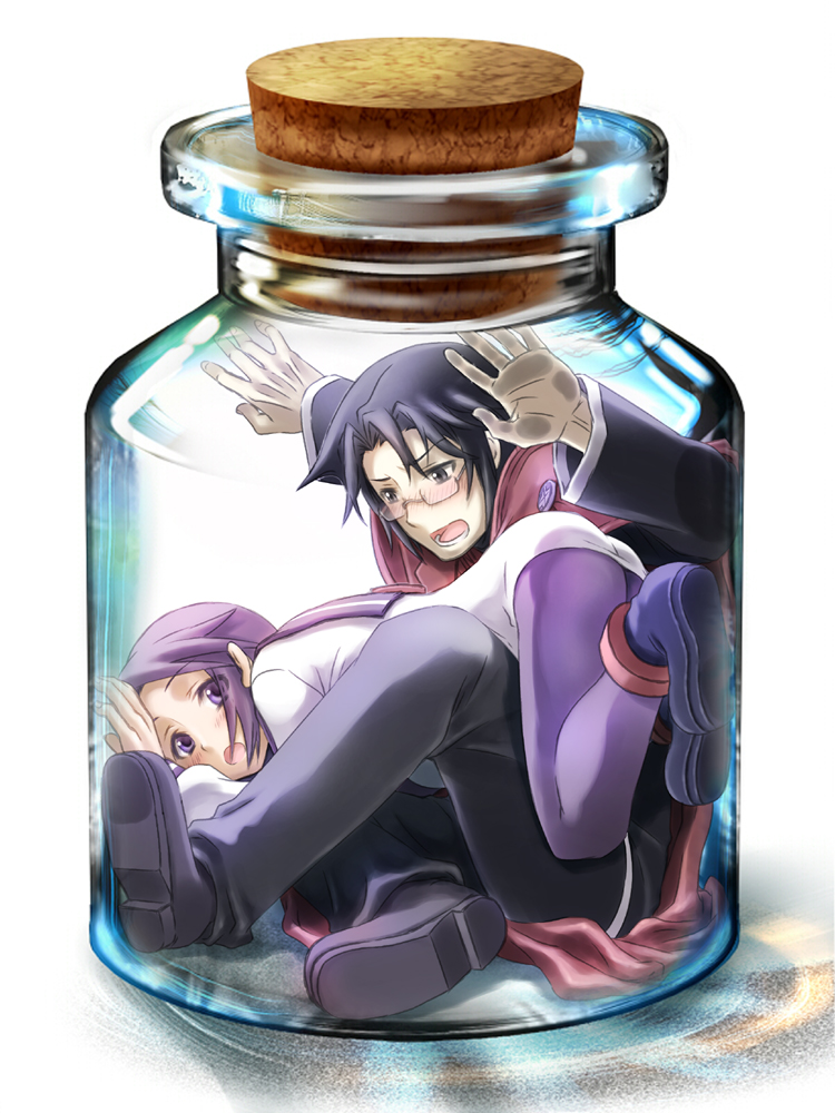 1boy, 1girl, blush, bottle, cape, glasses, nesty, open_mouth, pantyhose, purple_hair, short_hair, stuck, summon_night, summon_night_2, takano_(yotakanoyume), toris, violet_eyes