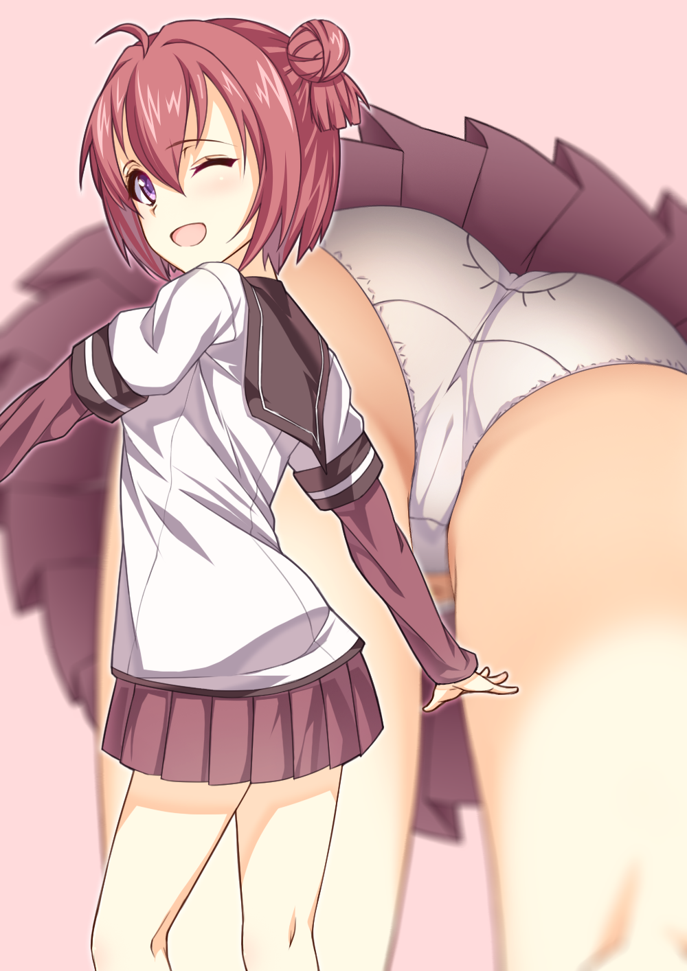 1girl, ;d, ahoge, akaza_akari, ass, double_bun, from_below, hair_bun