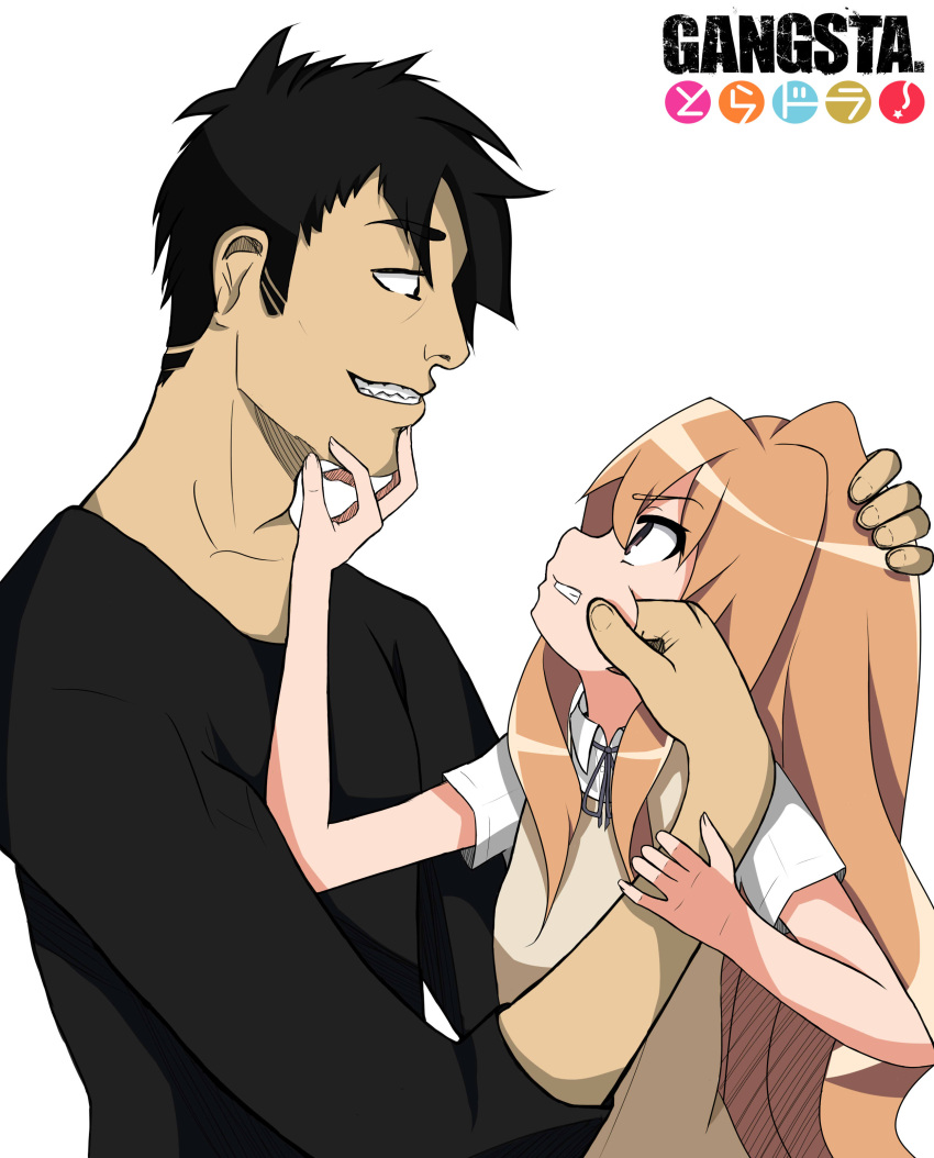 1boy, 1girl, absurdres, aisaka_taiga, brown_eyes, brown_hair, cheek_pinching, gangsta, grin, hand_on_another's_head, highres, long_hair, making_of, nicolas_brown, pinching, school_uniform, simple_background, smile, soransly, teeth, toradora!, white_background