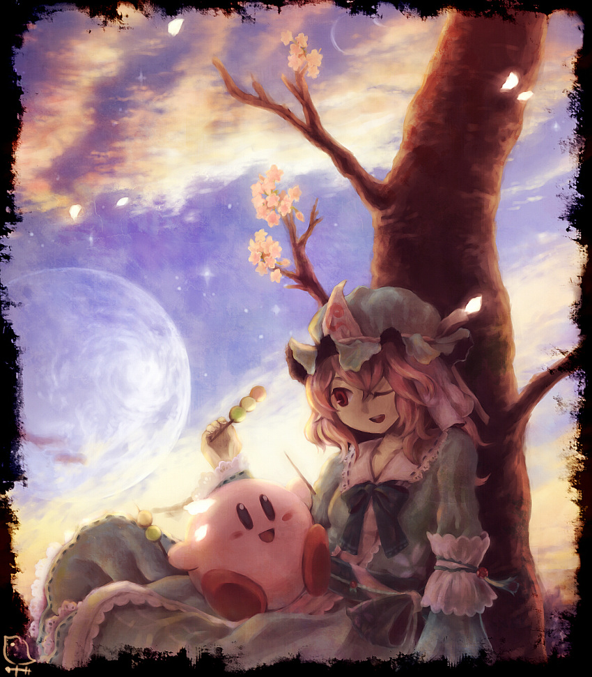 1girl, amemidori, blush_stickers, cherry_blossoms, crossover, dango, food, hat, highres, japanese_clothes, kirby, kirby_(series), m.u.g.e.n, pink_hair, saigyouji_yuyuko, sitting, touhou, tree, wagashi, wink