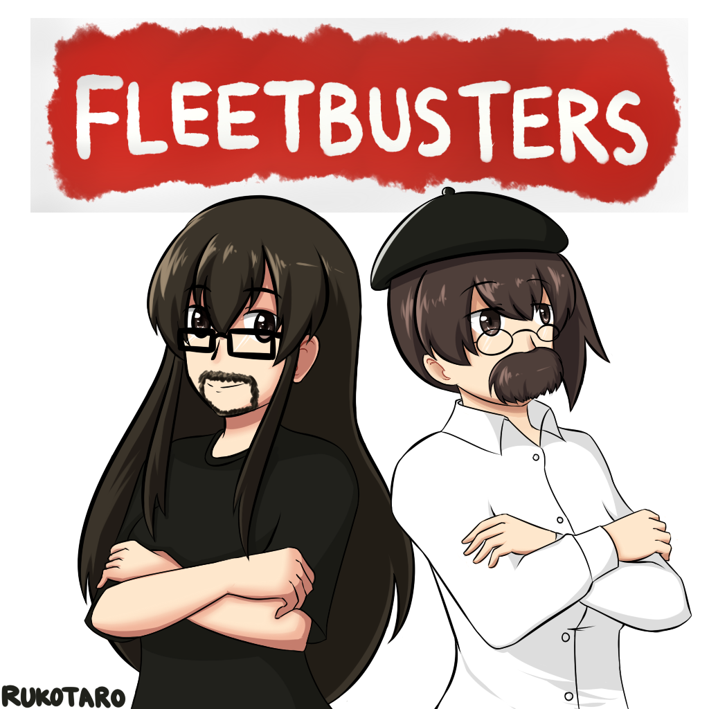 2girls, adam_savage, adam_savage_(cosplay), akagi_(kantai_collection), beard, bearded_girl, beret, black_shirt, brown_hair, crossed_arms, crossover, english, facial_hair, fake_mustache, glasses, hat, jamie_hyneman, jamie_hyneman_(cosplay), kaga_(kantai_collection), kantai_collection, long_hair, multiple_girls, mustache, mythbusters, parody, pun, rukotaro, shirt, side_ponytail, white_shirt