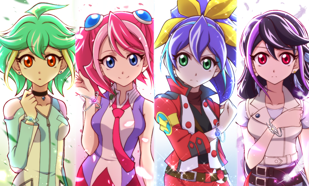 4girls, ahoge, belt, blue_hair, bracelet, bracelet_girls, choker, earrings