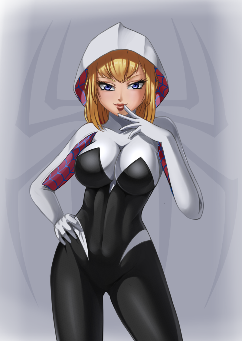 1girl, blonde_hair, blue_eyes, breasts, cleavage, eyelashes, gwen_stacy, hand_on_hip, hood, large_breasts, lips, looking_at_viewer, razorkun, skin_tight, solo, spider-gwen, spider-man_(series)