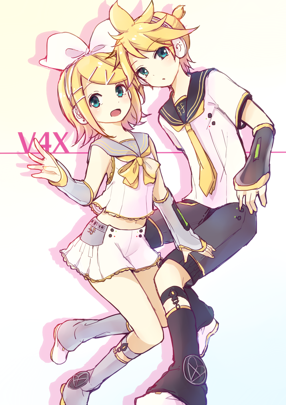 1boy, 1girl, aqua_eyes, arm_warmers, blonde_hair, brother_and_sister, fortissimo, hair_ornament