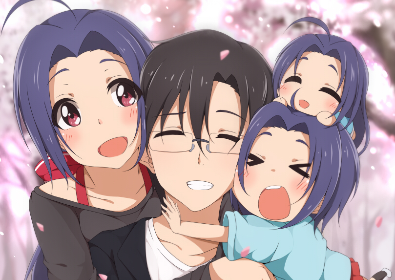1boy, 3girls, ahoge, blue_hair, breasts, couple, father_and_daughter, glasses