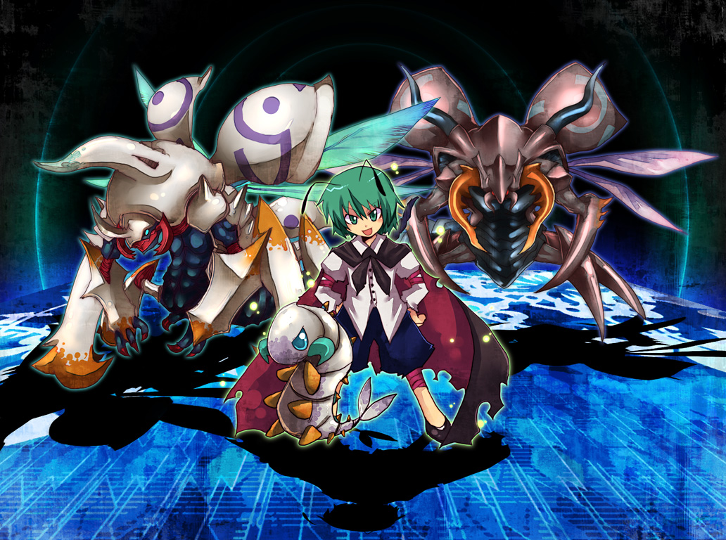 antenna, beetle, cape, emon-yu, green_eyes, green_hair, insect, maho_(boku_no_kao_wo_otabeyo)