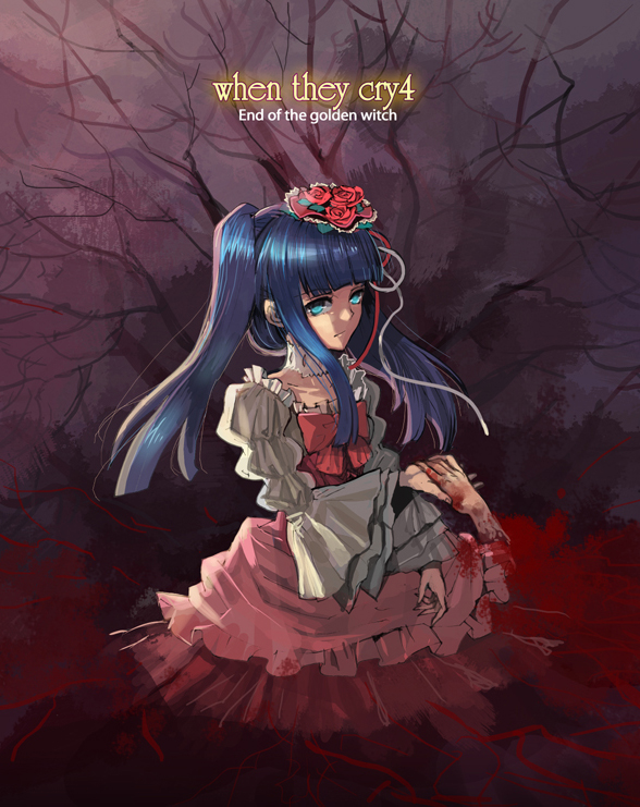 blood, blue_eyes, blue_hair, choker, dress, flower, frills, furudo_erika