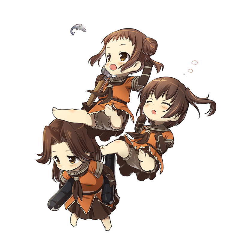3girls, barefoot, brown_eyes, brown_hair, hair_bun, jintsuu_(kantai_collection), kantai_collection, long_hair